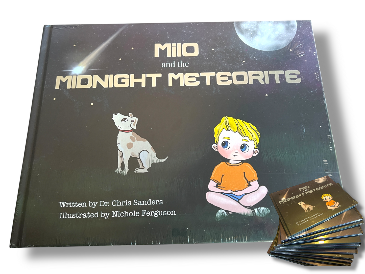 Children's book titled 'Mio and the Midnight Meteorite' with illustrations on the cover.