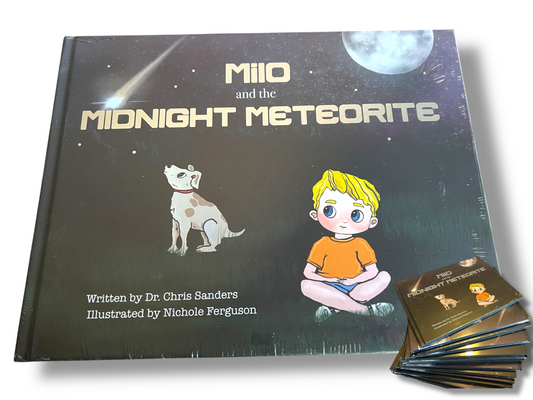 Children's book titled 'Mio and the Midnight Meteorite' with illustrations on the cover.