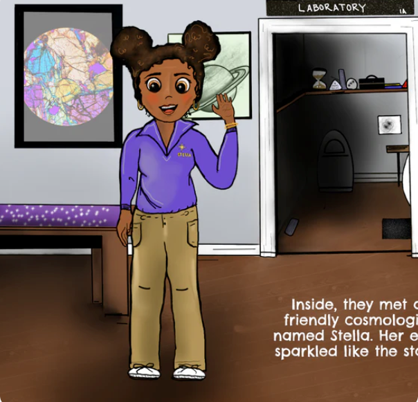 Stella in a laboratory the cosmologist in Milo and the Midnight Meteorite.