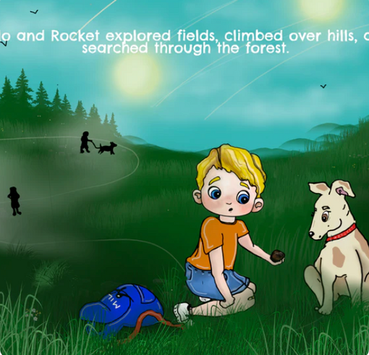 Milo with his dog in a grassy field finding a meteorite in the children's book Milo and the Midnight Meteorite.